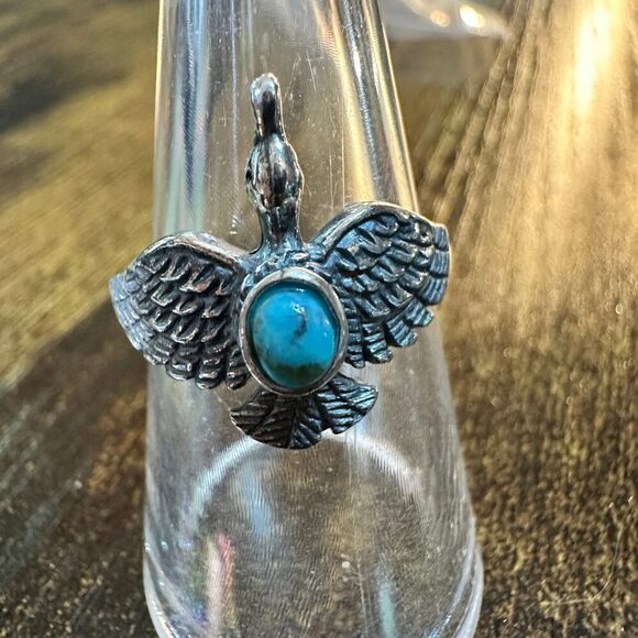 Boho Chic Native American Guardian Hawk Turquoise Ring: Size 7, 8,10, Gift Box - Picture 5 of 12